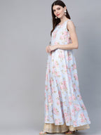 Ahalyaa Blue & Pink Floral Printed Anarkali Kurta with Dupatta | Grocsy