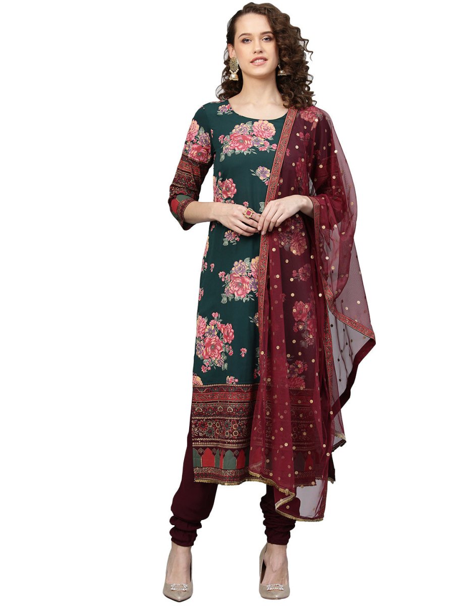 Ahalyaa Green & Burgundy Printed Kurta with Churidar & Dupatta | Grocsy