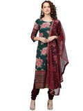 Ahalyaa Green & Burgundy Printed Kurta with Churidar & Dupatta | Grocsy