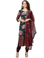 Ahalyaa Green & Burgundy Printed Kurta with Churidar & Dupatta | Grocsy