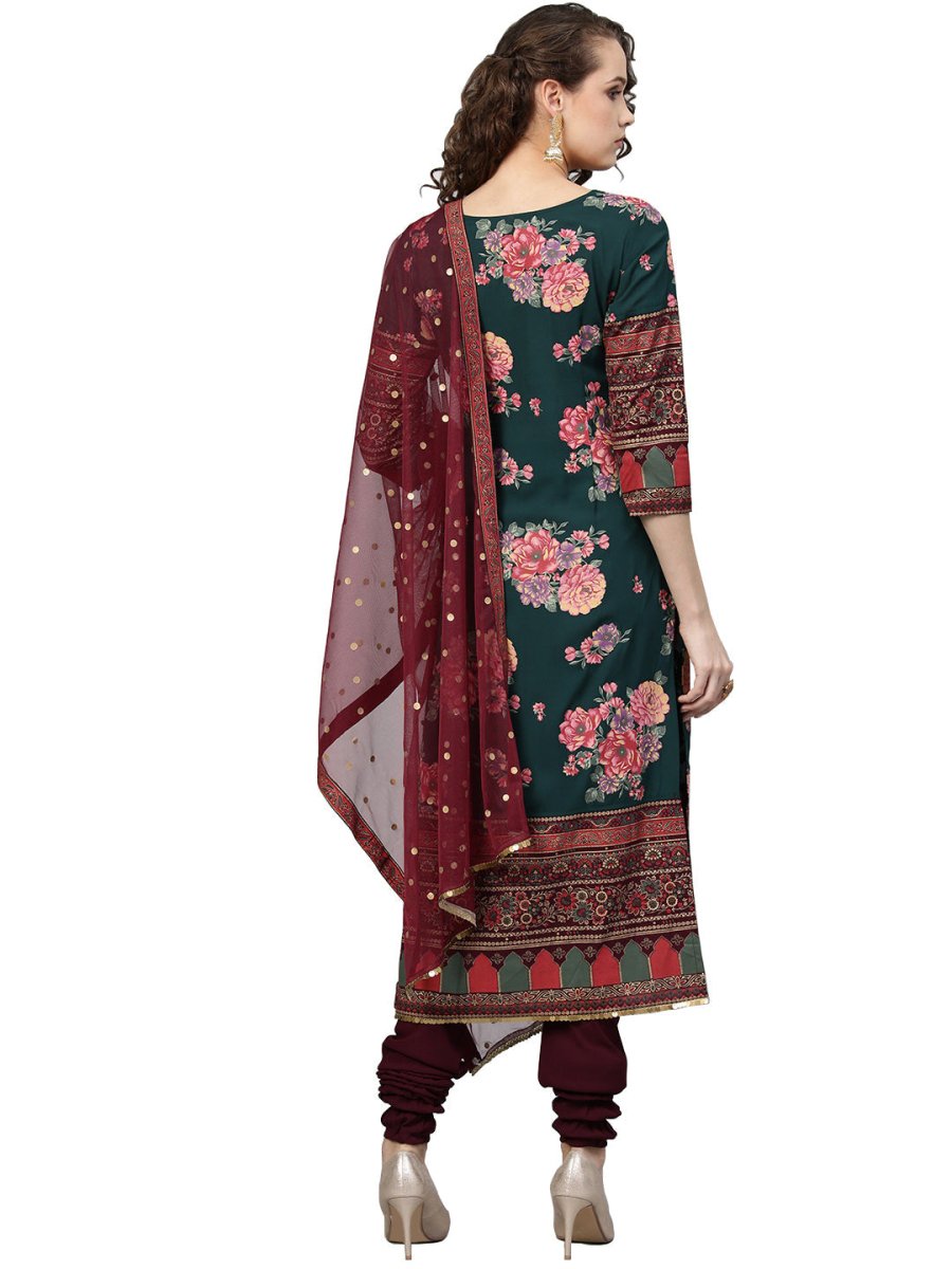 Ahalyaa Green & Burgundy Printed Kurta with Churidar & Dupatta | Grocsy