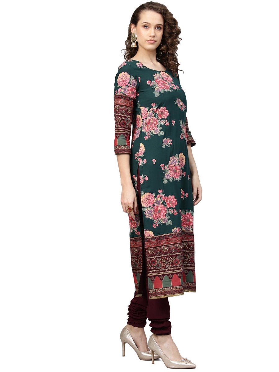 Ahalyaa Green & Burgundy Printed Kurta with Churidar & Dupatta | Grocsy