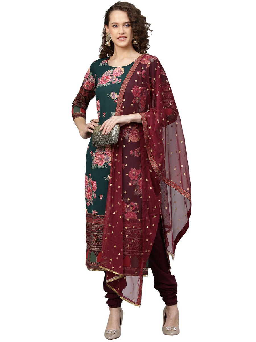 Ahalyaa Green & Burgundy Printed Kurta with Churidar & Dupatta | Grocsy
