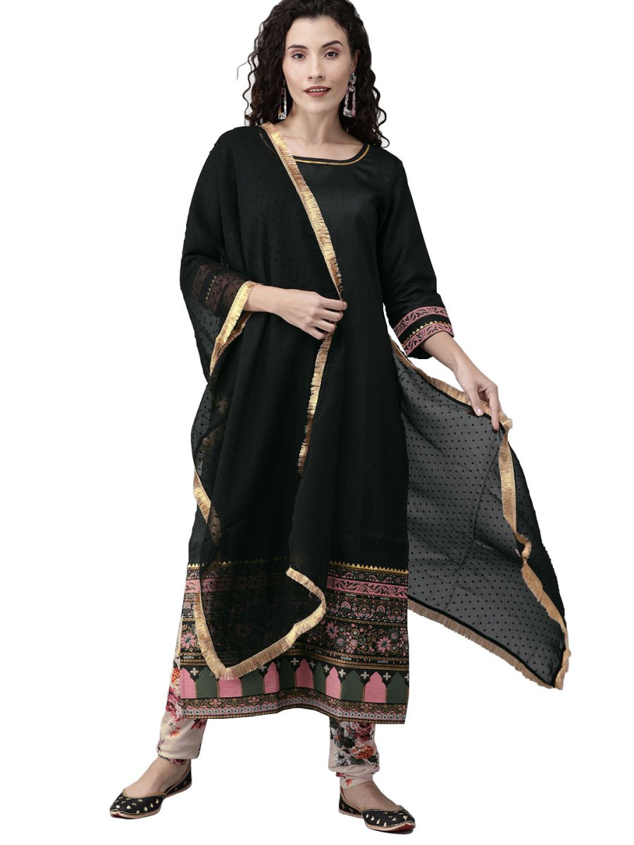 Ahalyaa Women Black & Beige Printed Kurta With Churidar & Dupatta | Grocsy