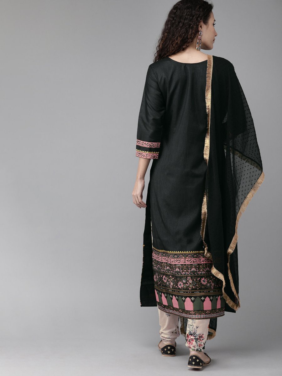 Ahalyaa Women Black & Beige Printed Kurta With Churidar & Dupatta | Grocsy