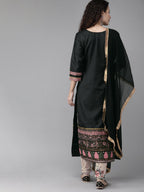 Ahalyaa Women Black & Beige Printed Kurta With Churidar & Dupatta | Grocsy