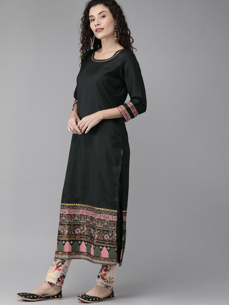 Ahalyaa Women Black & Beige Printed Kurta With Churidar & Dupatta | Grocsy