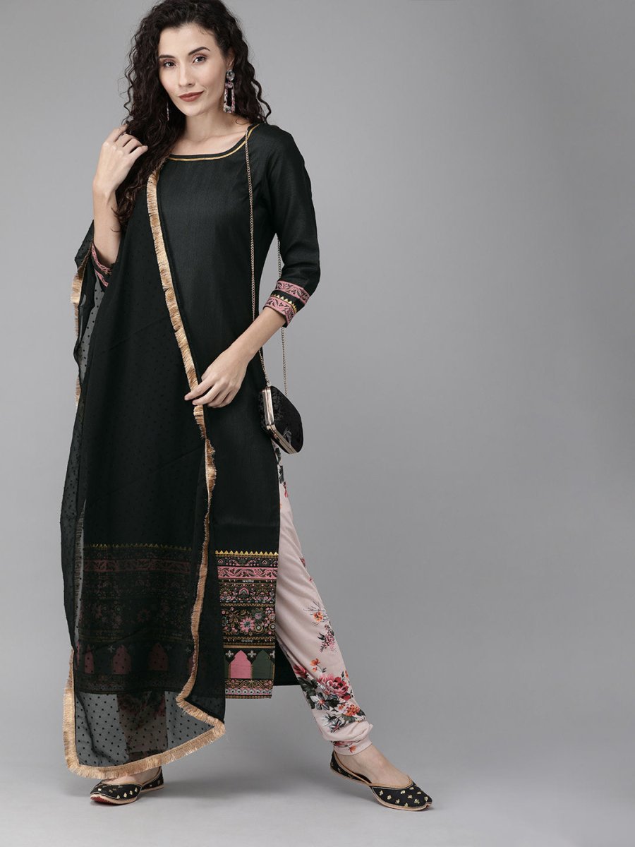 Ahalyaa Women Black & Beige Printed Kurta With Churidar & Dupatta | Grocsy