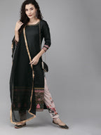 Ahalyaa Women Black & Beige Printed Kurta With Churidar & Dupatta | Grocsy