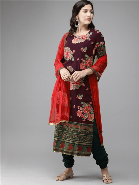 Ahalyaa Women Burgundy & Green Printed Beautiful Kurta Set | Grocsy