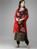 Ahalyaa Women Burgundy & Green Printed Beautiful Kurta Set | Grocsy