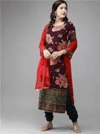 Ahalyaa Women Burgundy & Green Printed Beautiful Kurta Set | Grocsy