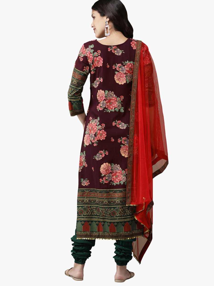 Ahalyaa Women Burgundy & Green Printed Beautiful Kurta Set | Grocsy