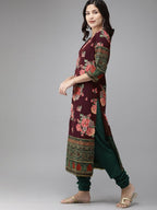 Ahalyaa Women Burgundy & Green Printed Beautiful Kurta Set | Grocsy