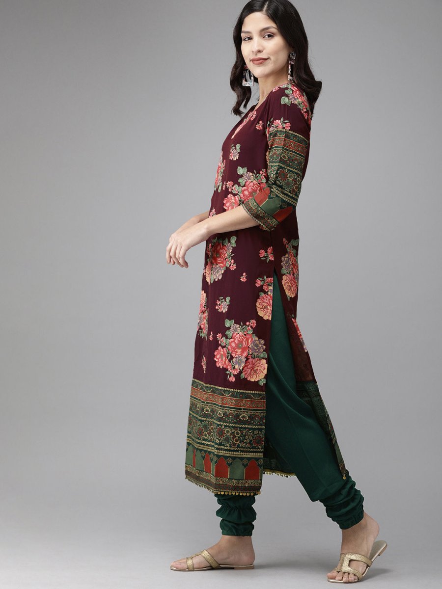 Ahalyaa Women Burgundy & Green Printed Beautiful Kurta Set | Grocsy