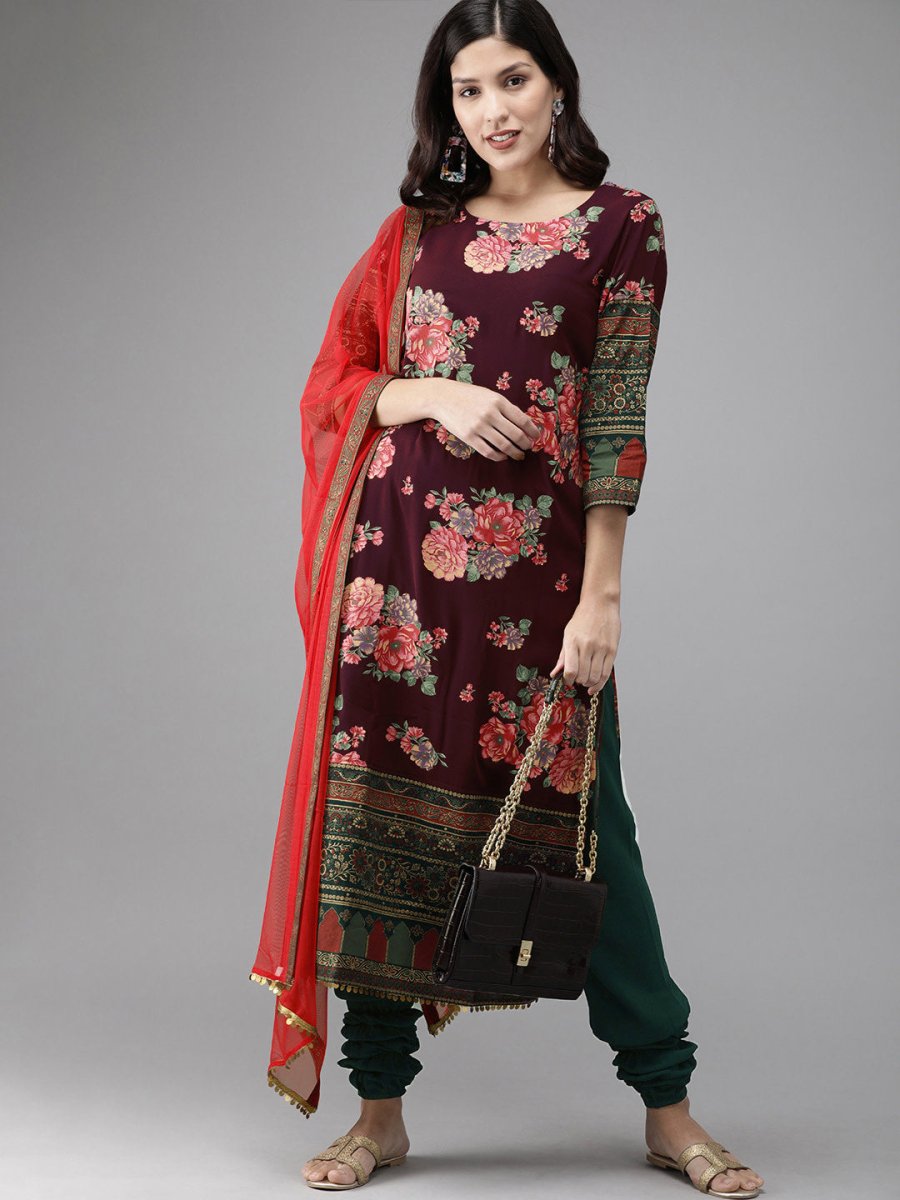 Ahalyaa Women Burgundy & Green Printed Beautiful Kurta Set | Grocsy