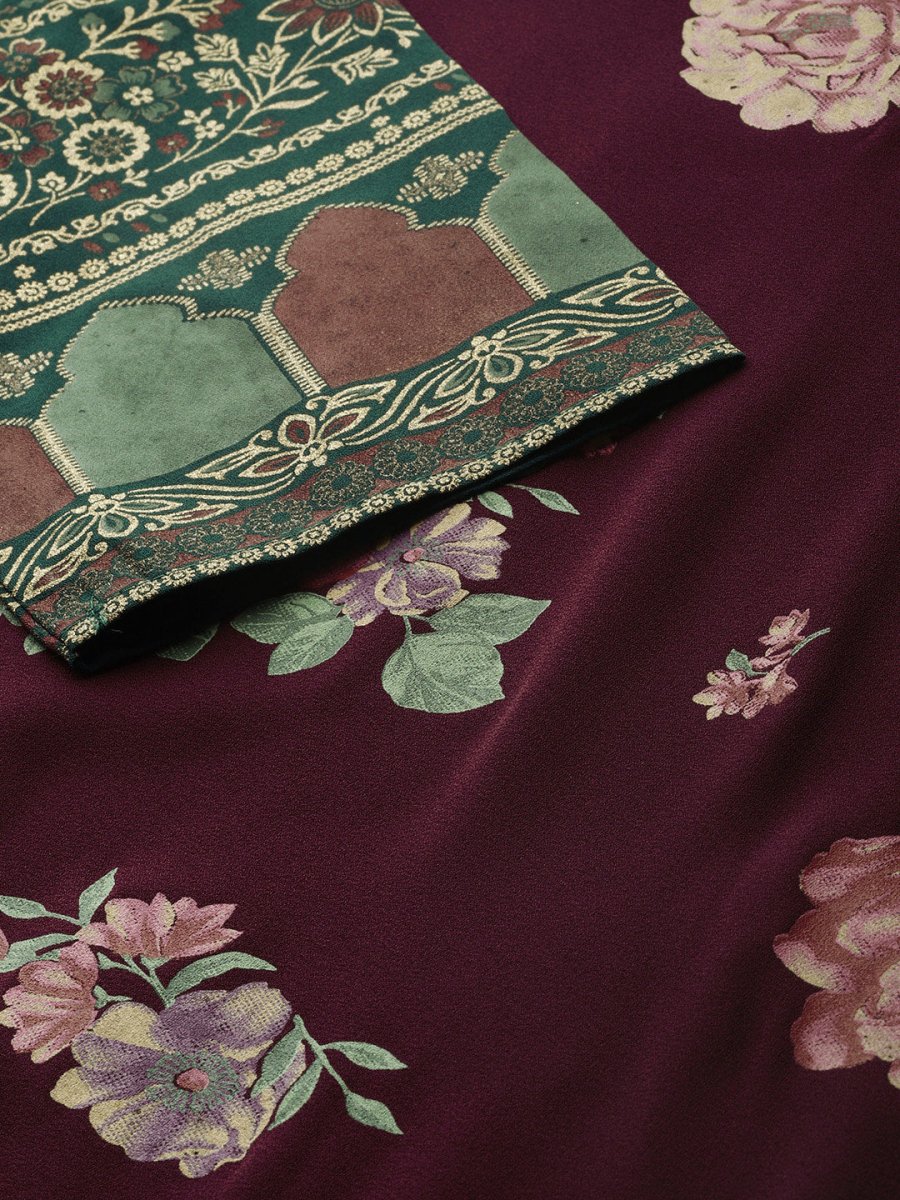 Ahalyaa Women Burgundy & Green Printed Beautiful Kurta Set | Grocsy