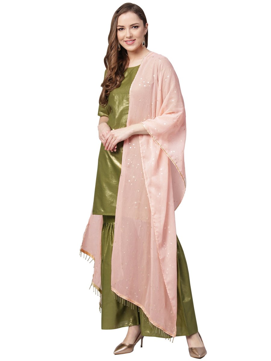 Ahalyaa Shimmer Green Cotton Kurta Gharara With Peach Dupatta | Grocsy