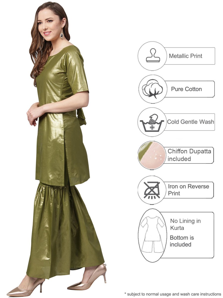 Ahalyaa Shimmer Green Cotton Kurta Gharara With Peach Dupatta | Grocsy