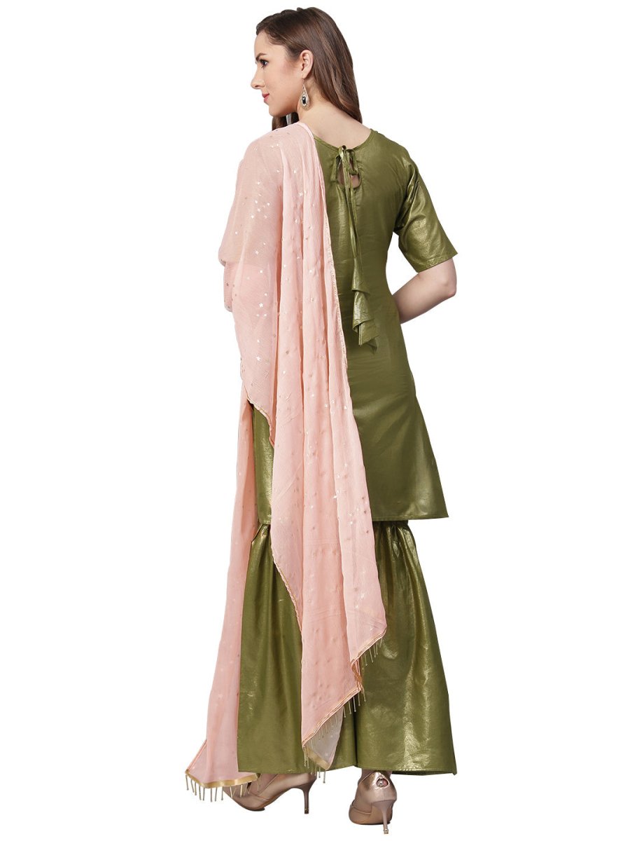 Ahalyaa Shimmer Green Cotton Kurta Gharara With Peach Dupatta | Grocsy