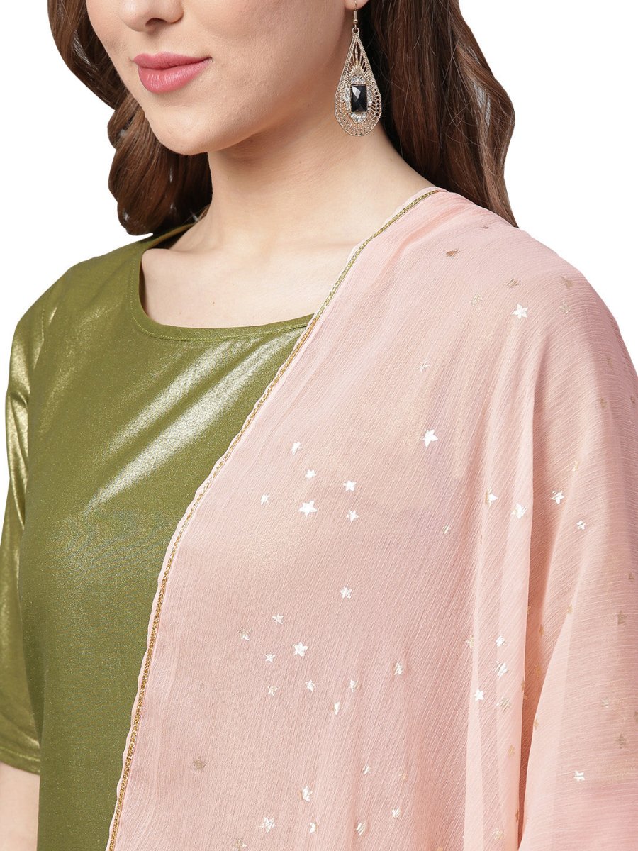 Ahalyaa Shimmer Green Cotton Kurta Gharara With Peach Dupatta | Grocsy
