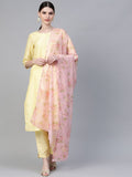 Ahalyaa Yellow & Pink Solid Kurta with Trousers & Floral Dupatta | Grocsy