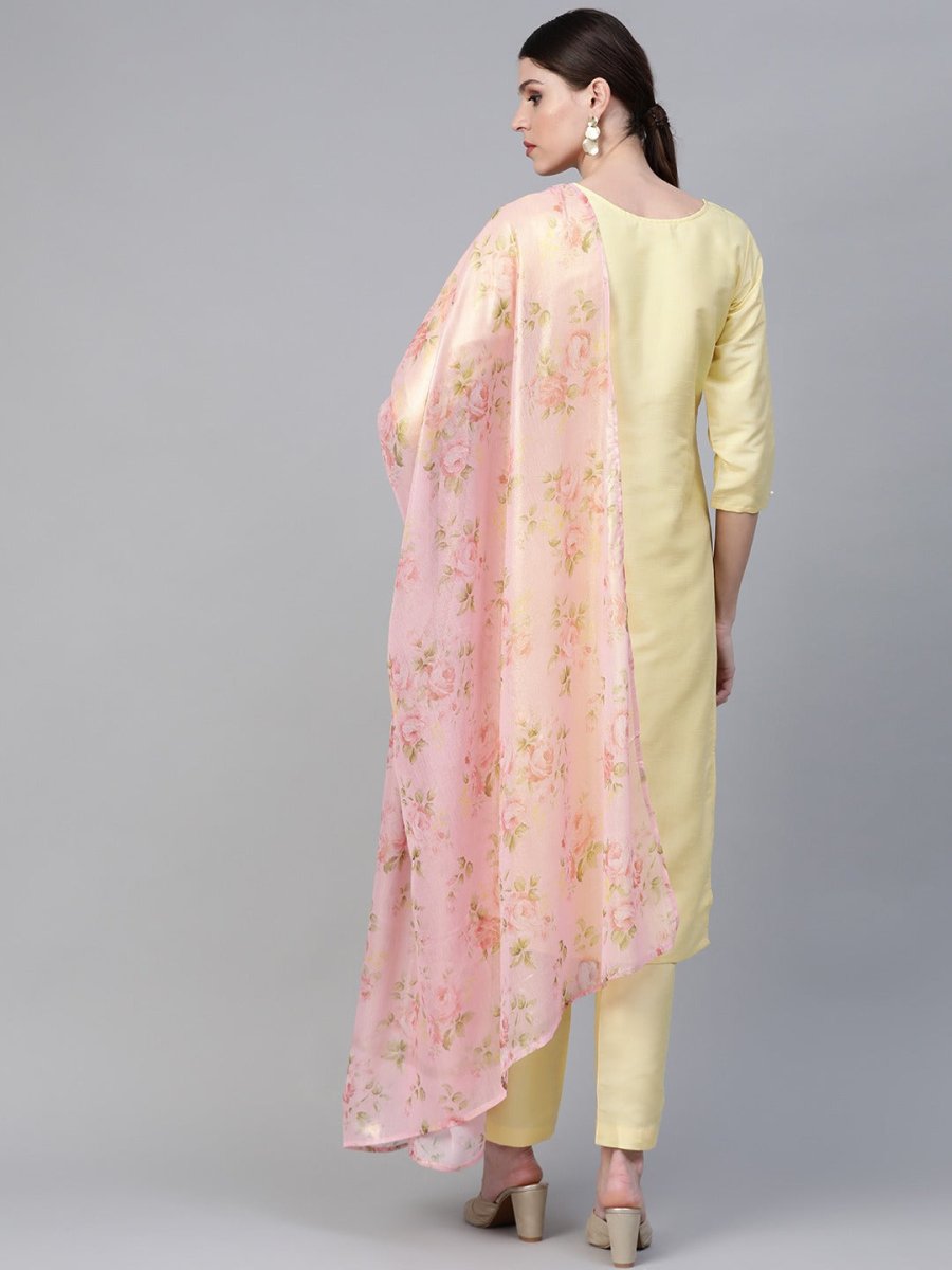 Ahalyaa Yellow & Pink Solid Kurta with Trousers & Floral Dupatta | Grocsy