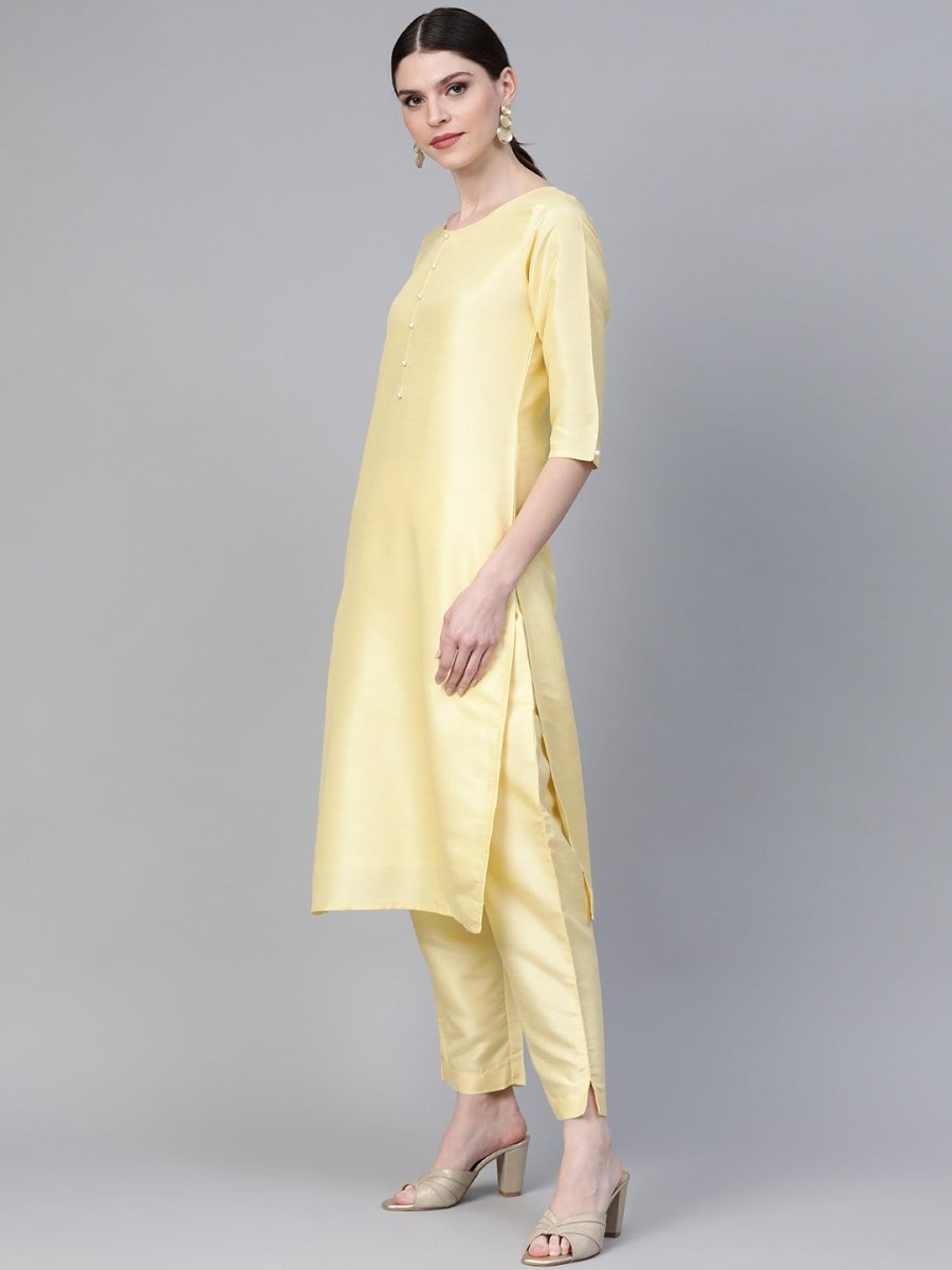 Ahalyaa Yellow & Pink Solid Kurta with Trousers & Floral Dupatta | Grocsy