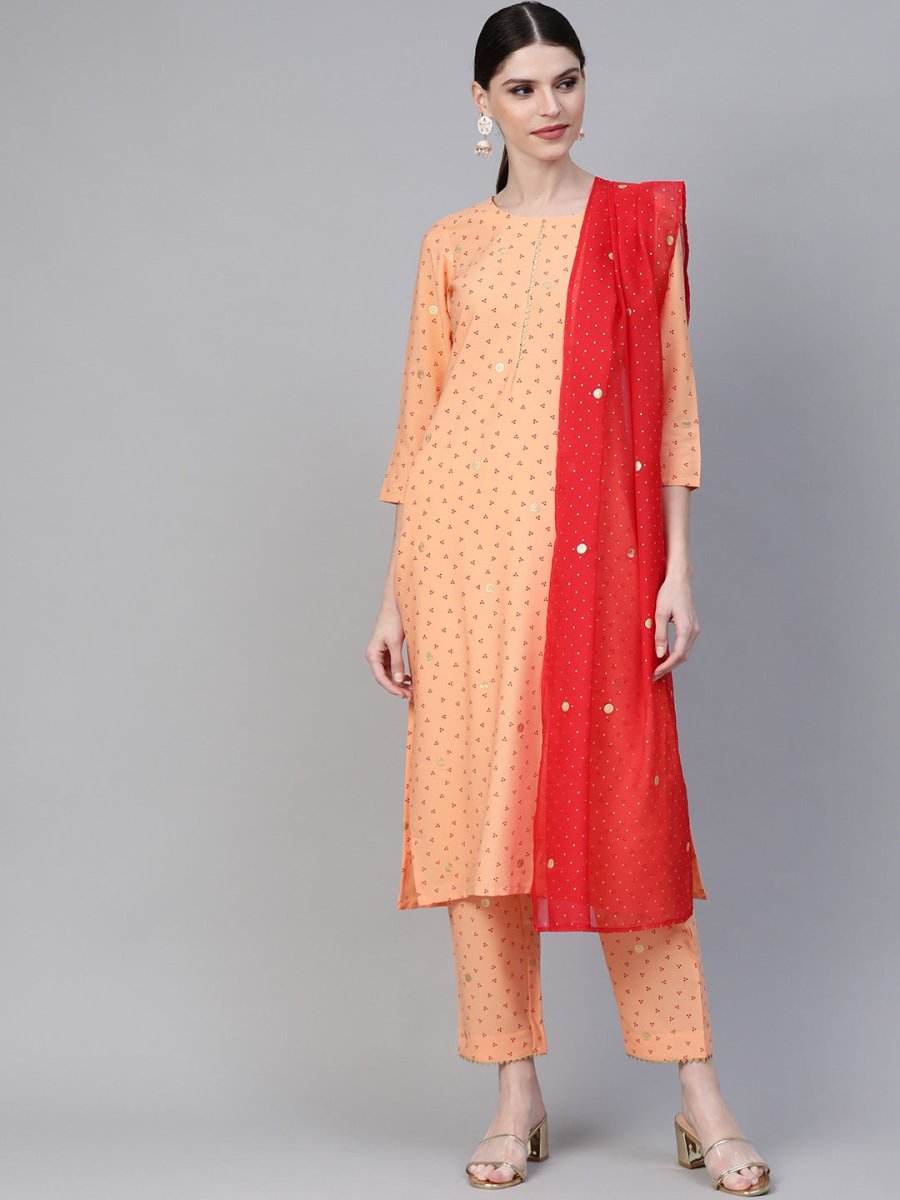 Ahalyaa Women Peach-Coloured & Red Screen Bandhani Printed Kurta with Trousers & Dupatta | Grocsy