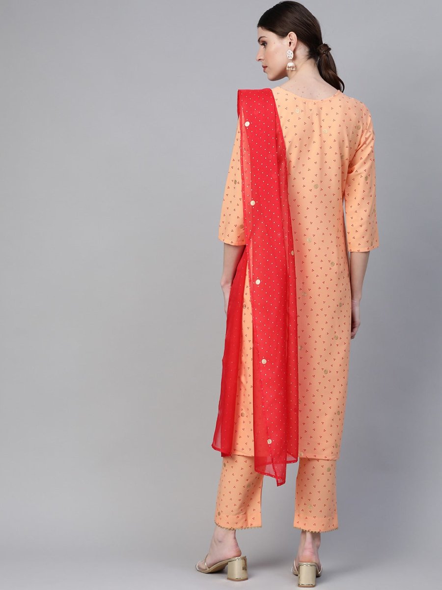 Ahalyaa Women Peach-Coloured & Red Screen Bandhani Printed Kurta with Trousers & Dupatta | Grocsy