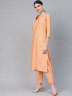 Ahalyaa Women Peach-Coloured & Red Screen Bandhani Printed Kurta with Trousers & Dupatta | Grocsy