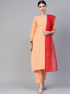 Ahalyaa Women Peach-Coloured & Red Screen Bandhani Printed Kurta with Trousers & Dupatta | Grocsy