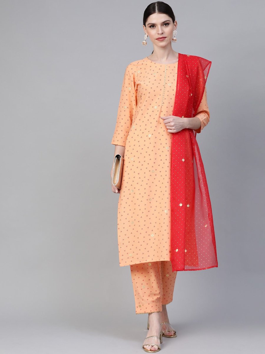 Ahalyaa Women Peach-Coloured & Red Screen Bandhani Printed Kurta with Trousers & Dupatta | Grocsy