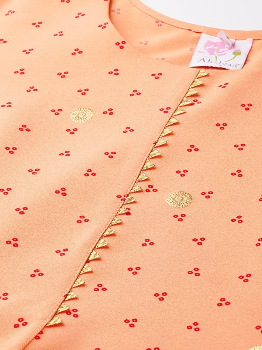 Ahalyaa Women Peach-Coloured & Red Screen Bandhani Printed Kurta with Trousers & Dupatta | Grocsy