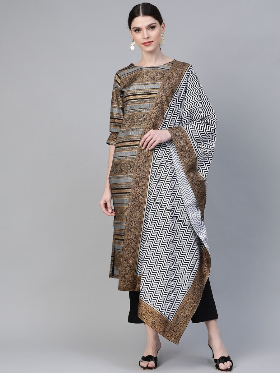 Ahalyaa Black & Golden Screen Printed Kurta with Trousers & Chevron Dupatta | Grocsy
