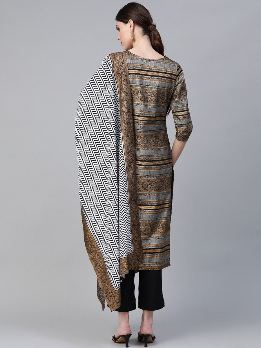 Ahalyaa Black & Golden Screen Printed Kurta with Trousers & Chevron Dupatta | Grocsy
