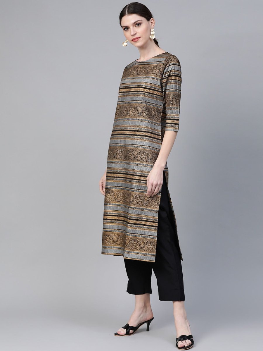 Ahalyaa Black & Golden Screen Printed Kurta with Trousers & Chevron Dupatta | Grocsy