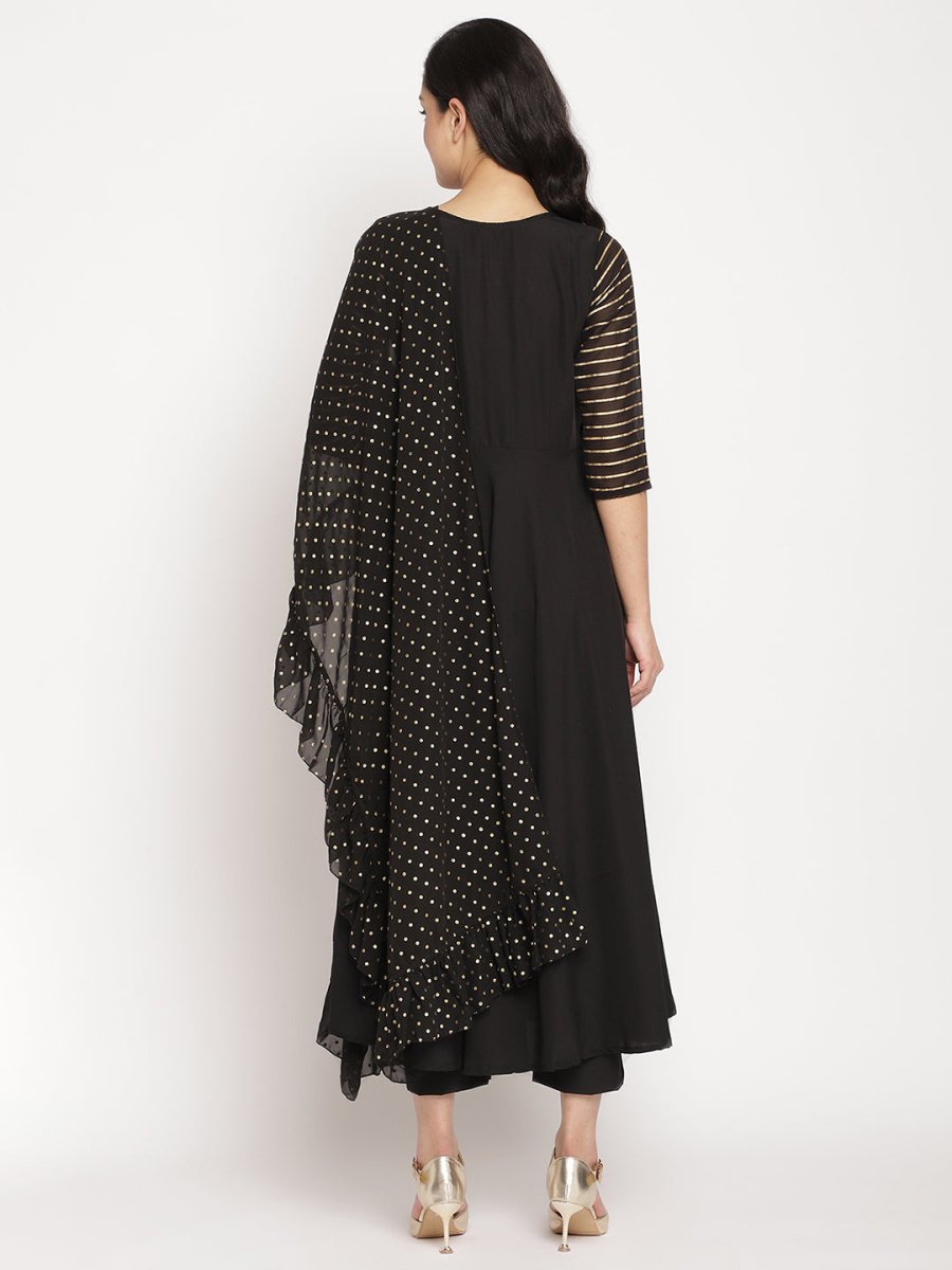 Ahalyaa Women Black Printed Angrakha Kurta With Trousers & Dupatta | Grocsy