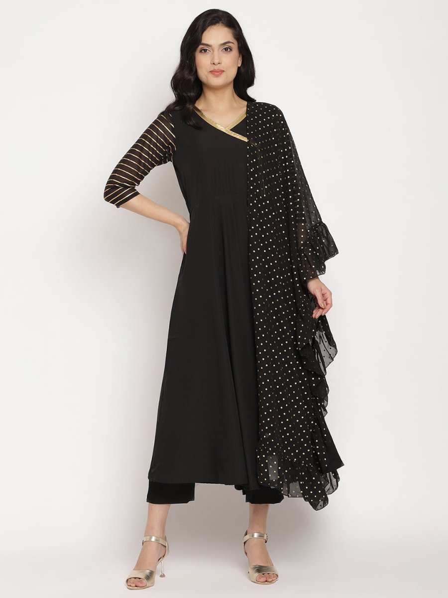 Ahalyaa Women Black Printed Angrakha Kurta With Trousers & Dupatta | Grocsy