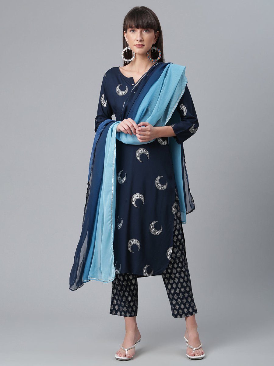 Ahalyaa Women Navy Blue Printed Regular Kurta With Trousers & Dupatta | Grocsy
