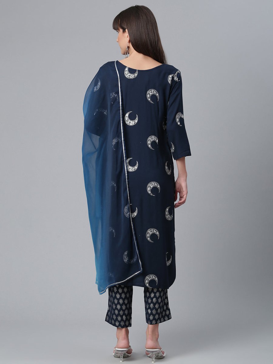 Ahalyaa Women Navy Blue Printed Regular Kurta With Trousers & Dupatta | Grocsy