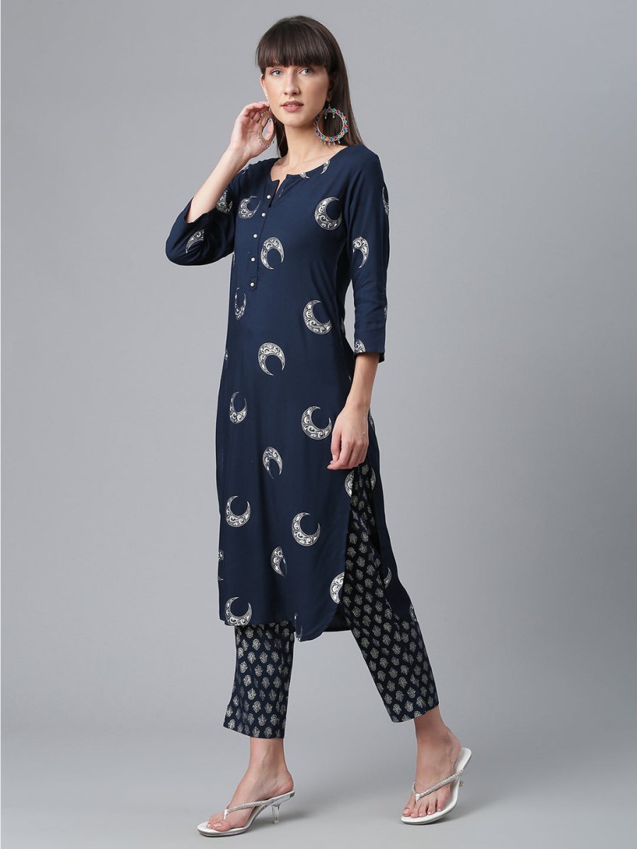 Ahalyaa Women Navy Blue Printed Regular Kurta With Trousers & Dupatta | Grocsy