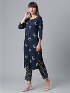 Ahalyaa Women Navy Blue Printed Regular Kurta With Trousers & Dupatta | Grocsy