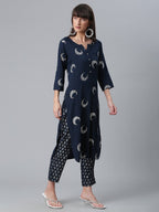 Ahalyaa Women Navy Blue Printed Regular Kurta With Trousers & Dupatta | Grocsy