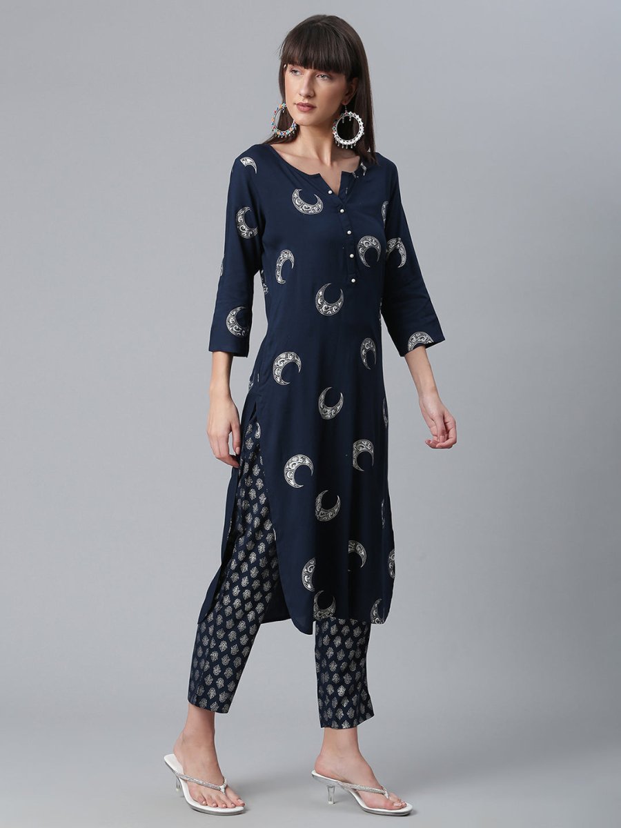 Ahalyaa Women Navy Blue Printed Regular Kurta With Trousers & Dupatta | Grocsy