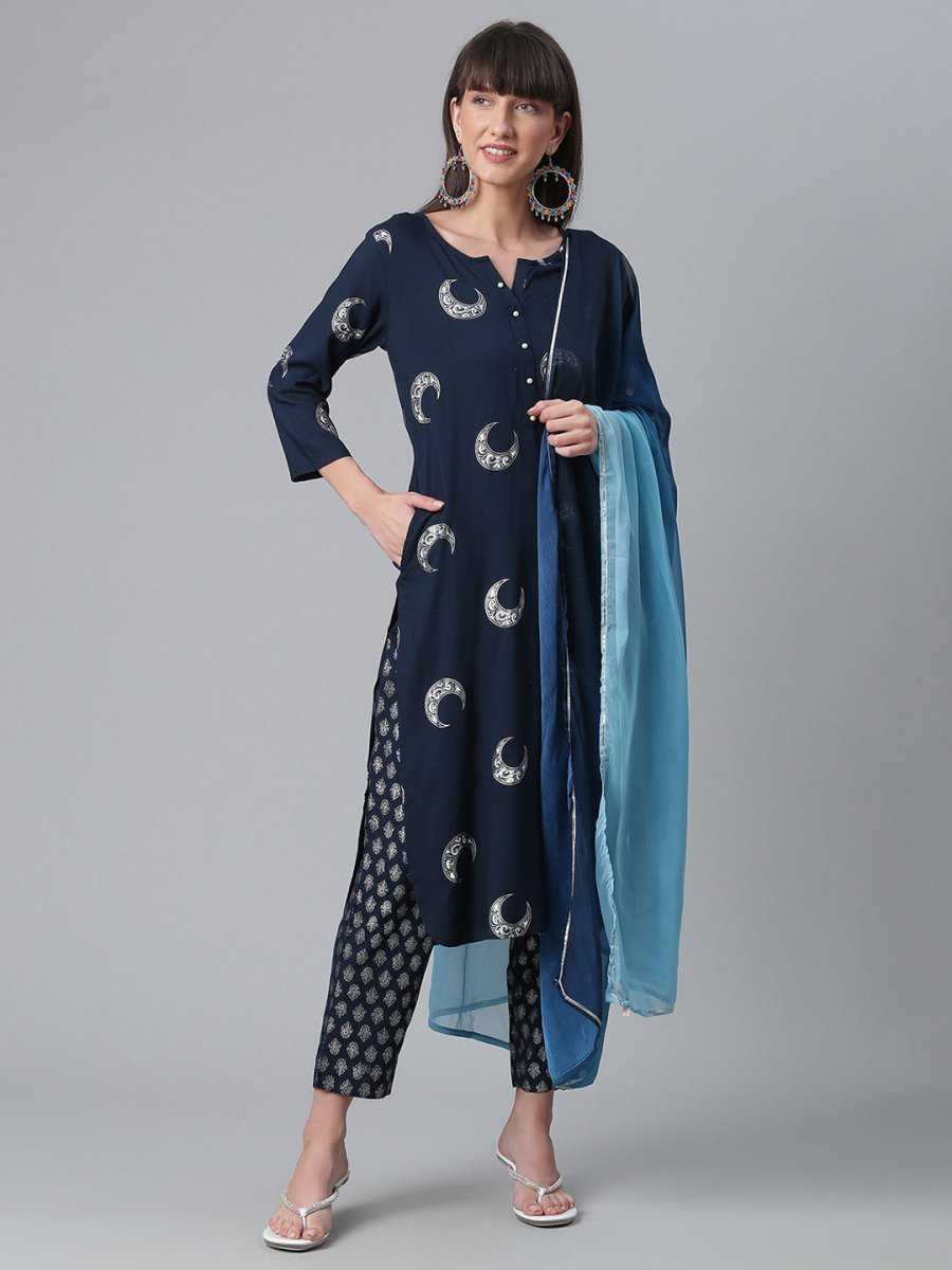 Ahalyaa Women Navy Blue Printed Regular Kurta With Trousers & Dupatta | Grocsy