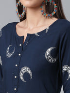 Ahalyaa Women Navy Blue Printed Regular Kurta With Trousers & Dupatta | Grocsy