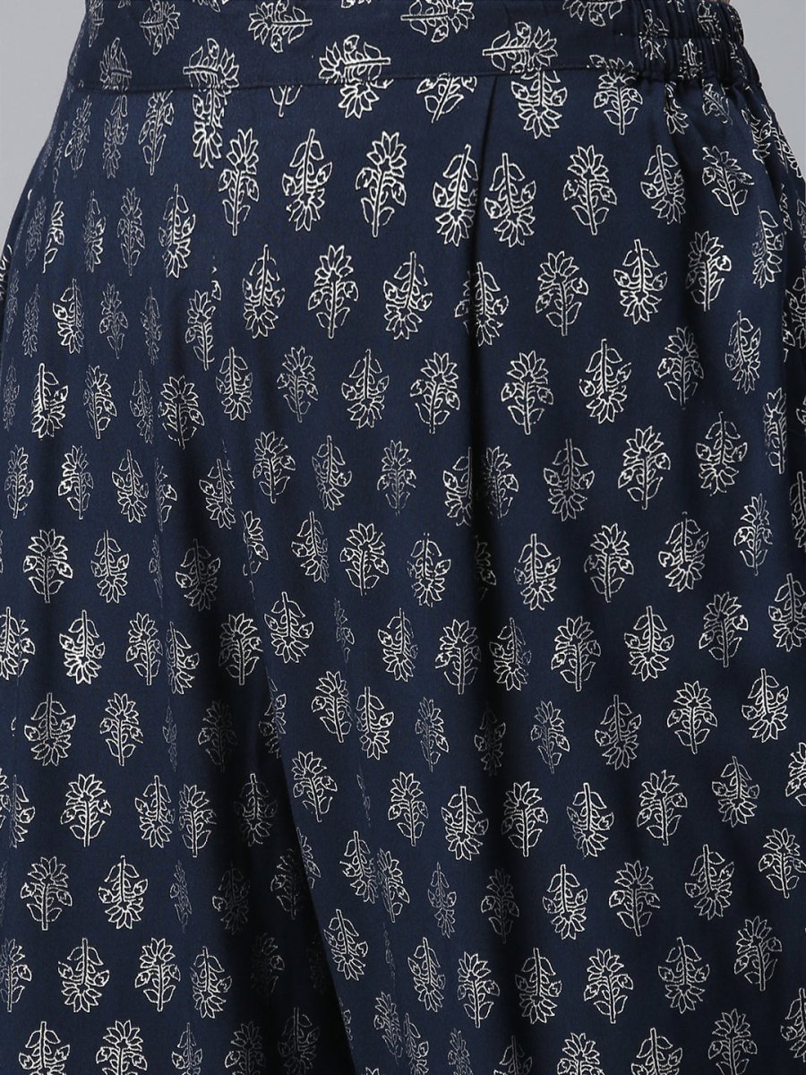 Ahalyaa Women Navy Blue Printed Regular Kurta With Trousers & Dupatta | Grocsy