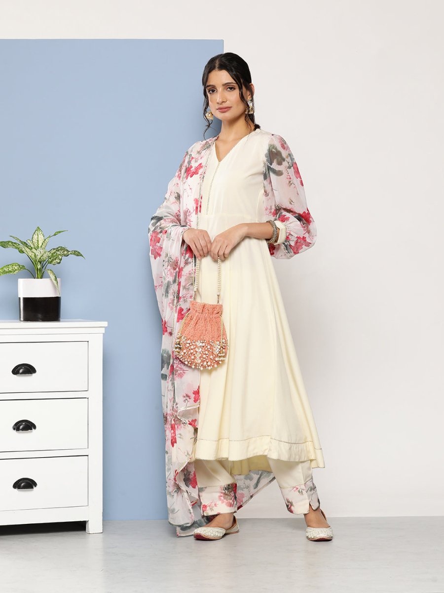 Ahalyaa Women Off White Floral Empire Gotta Patti Kurta with Trousers & With Dupatta | Grocsy