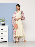 Ahalyaa Women Off White Floral Empire Gotta Patti Kurta with Trousers & With Dupatta | Grocsy